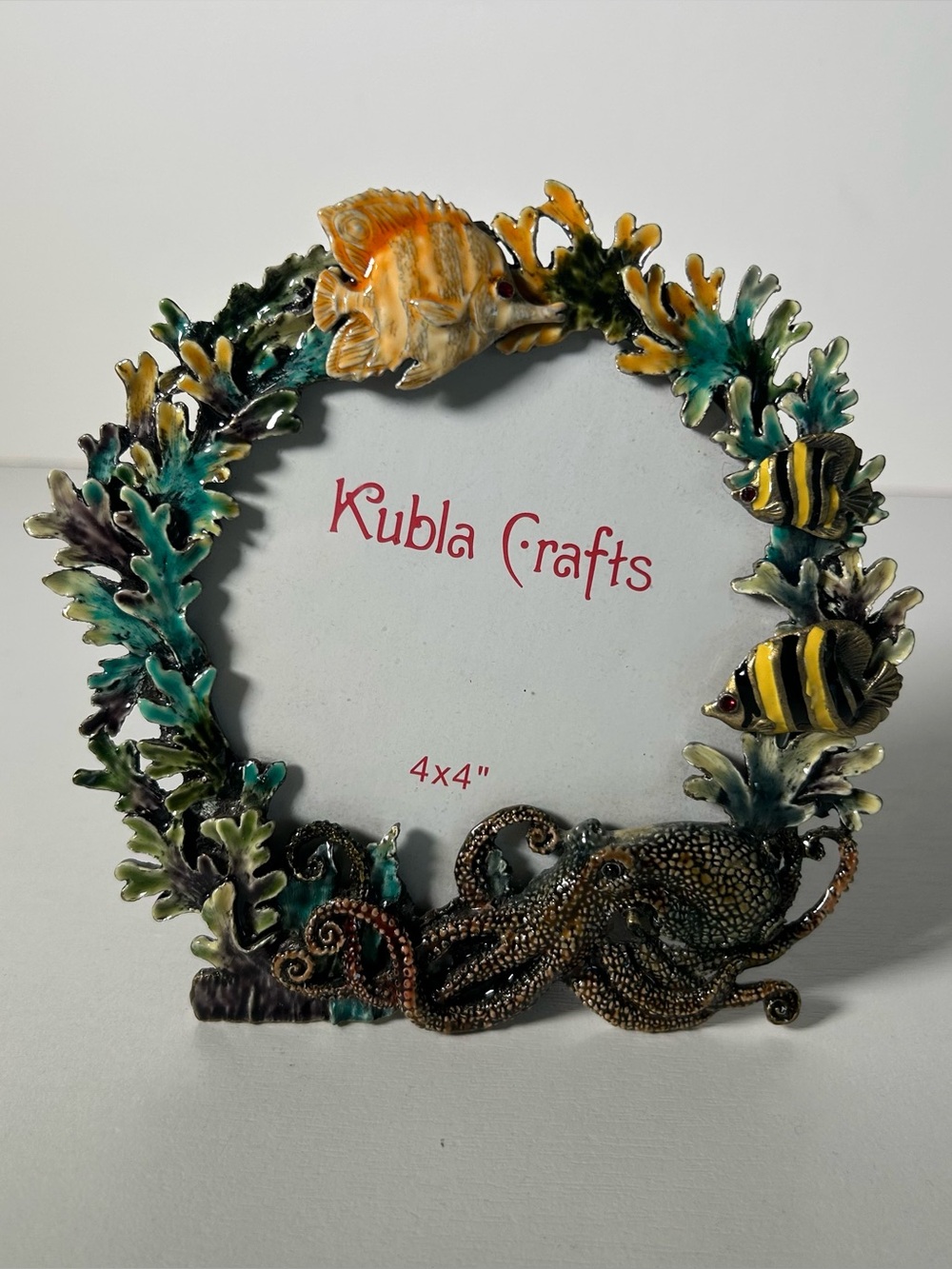 Sea Life With Octopus Crystals Jeweled Enameled Round Picture Frame 4"x4"